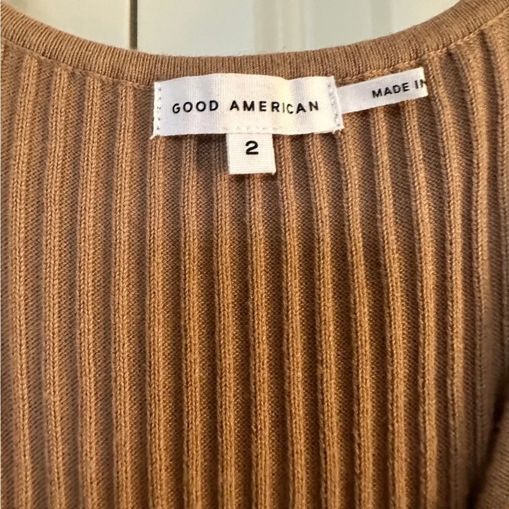 Good American Wrap Tie Sleeveless Sweater Midi Dress Tan 2 M Belted Body